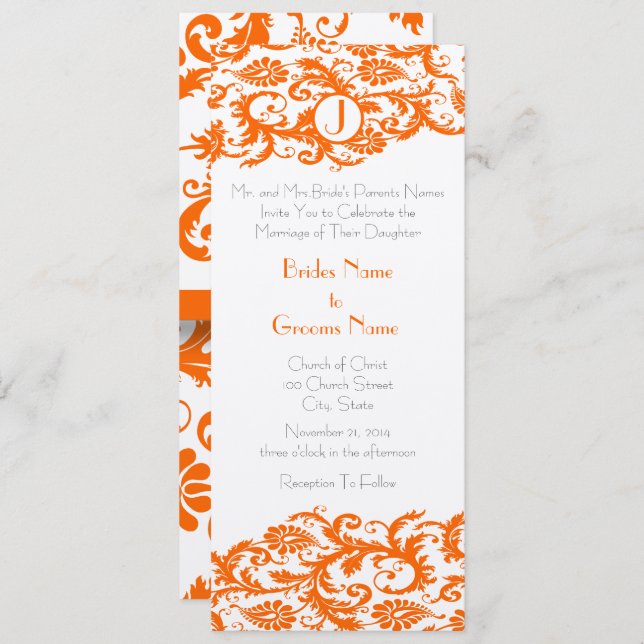 Invitación a la boda en monograma de Damask naranj (Anverso / Reverso)