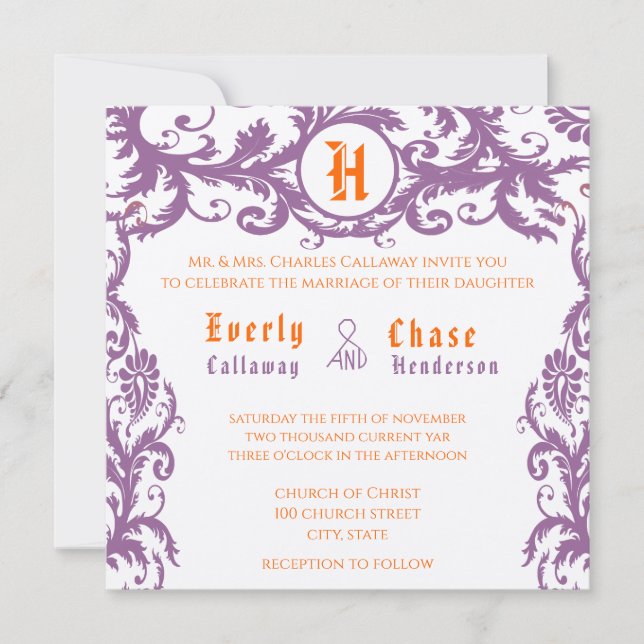 Invitación a la boda en monograma de Damask naranj (Anverso)