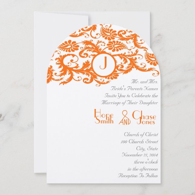 Invitación a la boda en monograma de Damask naranj (Anverso)