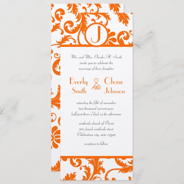 Invitación a la boda en monograma de Damask naranj (Anverso / Reverso)