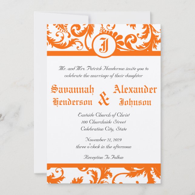 Invitación a la boda en monograma de Damask naranj (Anverso)