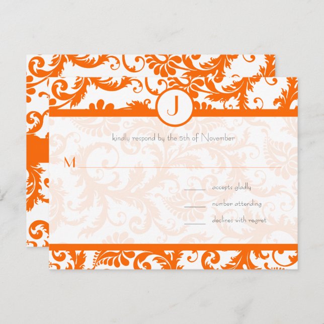 Invitación a la boda en monograma de Damask naranj (Anverso / Reverso)