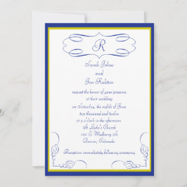 Invitación a la boda en monograma de oro azul