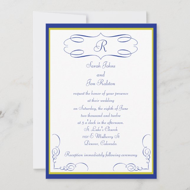 Invitación a la boda en monograma de oro azul (Anverso)