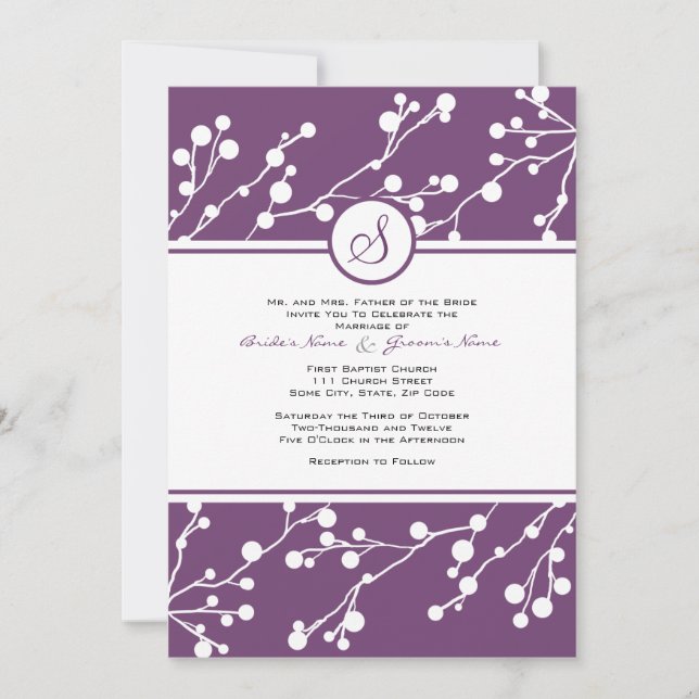 Invitación a la boda en monograma morado y floral (Anverso)