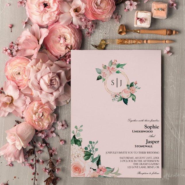 Invitación a la boda en monograma rosa floral de R (Subido por el creador)