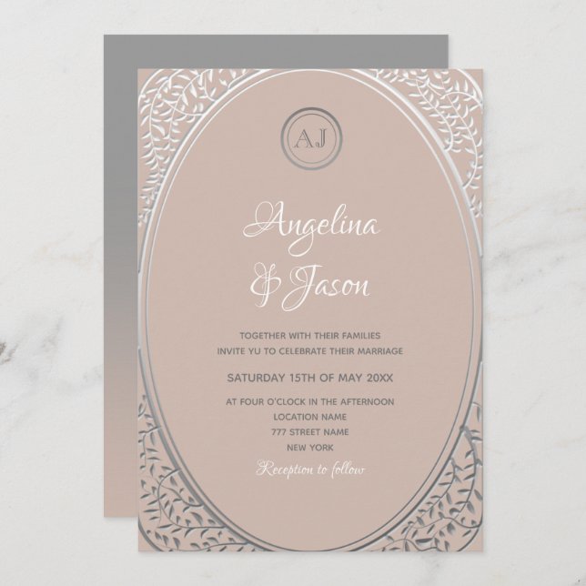 Invitación a la boda en monograma rosa y plateado  (Anverso / Reverso)