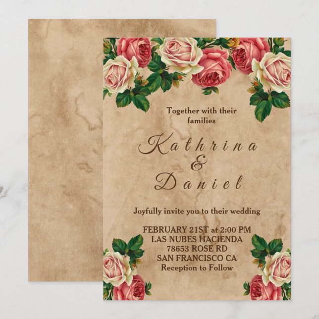 Invitación a la boda en papel viejo y floral de ro (Anverso / Reverso)