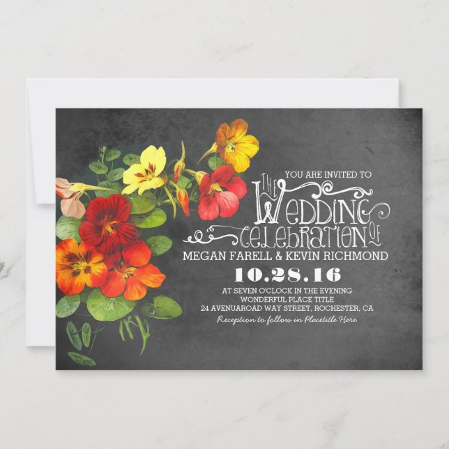 invitación a la boda en pizarra con flores pintada (Anverso)