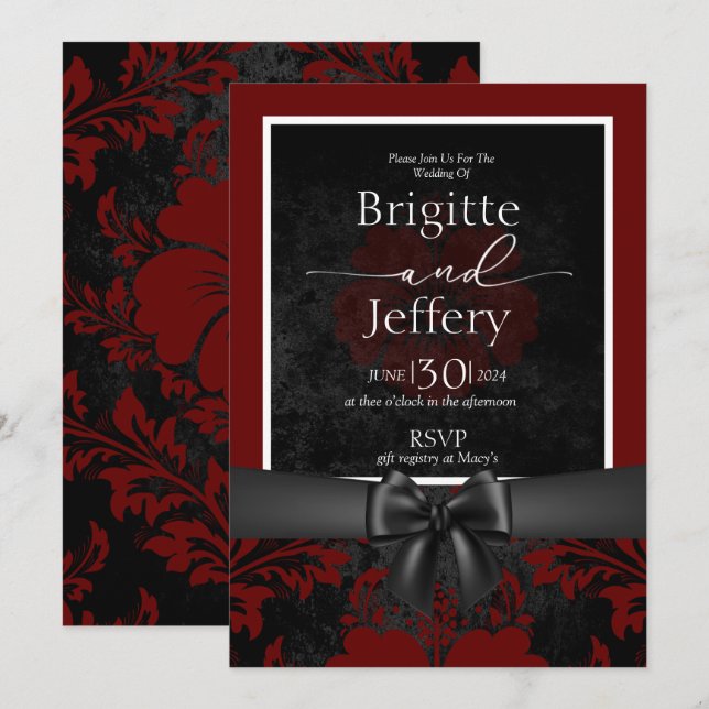 Invitación a la boda en rojo y negro (Anverso / Reverso)
