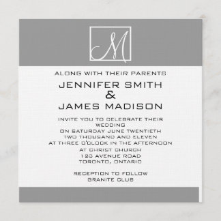 Invitación a la boda en un monograma blanco gris m