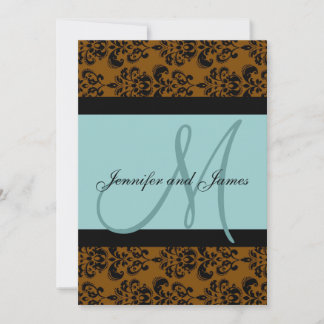 Invitación a la boda en un monograma de damasco az