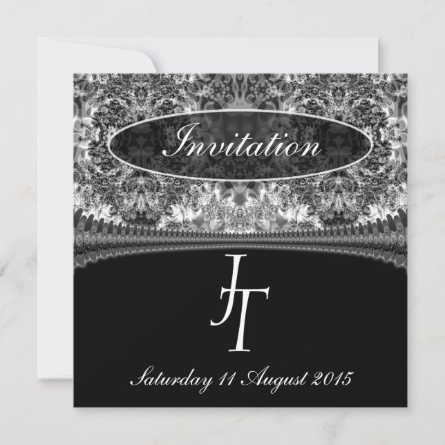 Invitación a la boda en un monograma de damasco bl (Anverso)