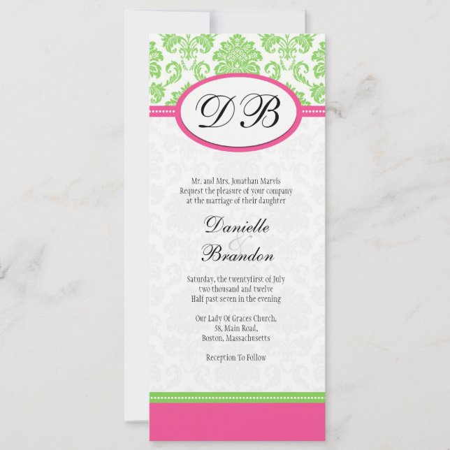 Invitación a la boda en un monograma de damasco ro (Anverso)