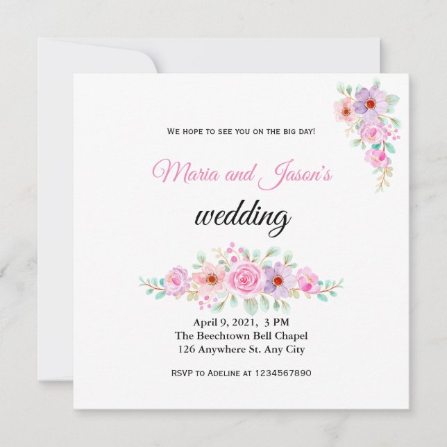 Invitación a la boda en un país con flores rosadas (Anverso)