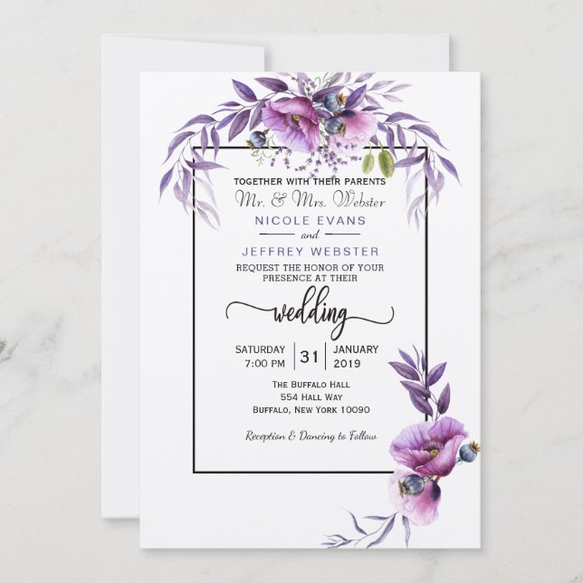 Invitación a la boda en un país de flores moradas (Anverso)