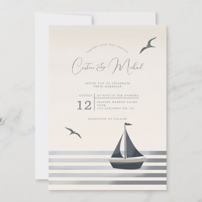 Invitación a la boda en velero costero náutico (Anverso)