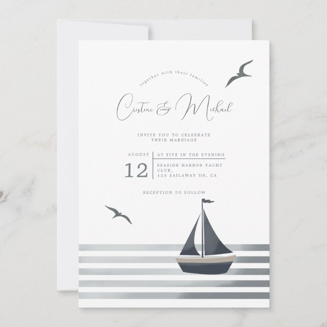 Invitación a la boda en velero costero náutico (Anverso)