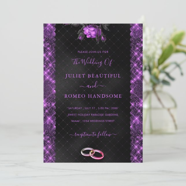 Invitación a la boda enmarcada de Purpurina negro  (Anverso de pie)