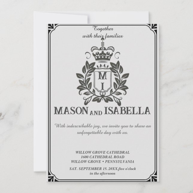 Invitación a la boda Escudo de Monograma Floral Cl (Anverso)