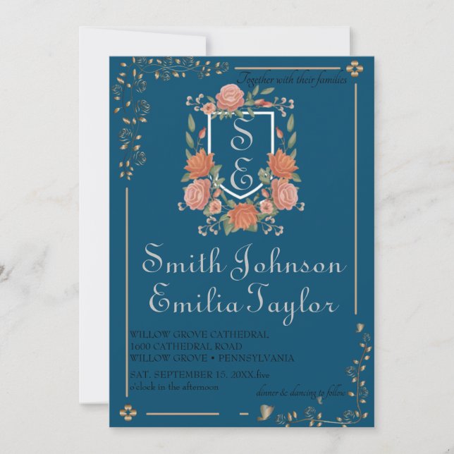 Invitación a la boda Escudo de Monograma Floral Cl (Anverso)