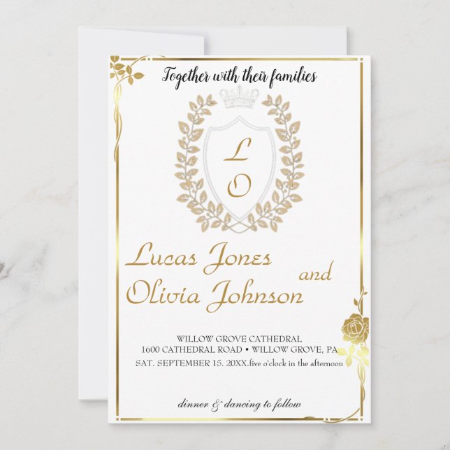 Invitación a la boda Escudo de Monograma Floral Cl (Anverso)
