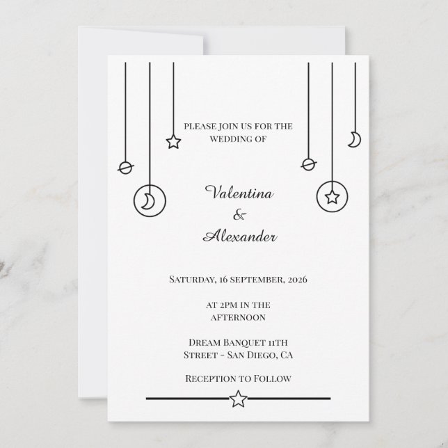 Invitación a la boda espacial minimalista (Anverso)