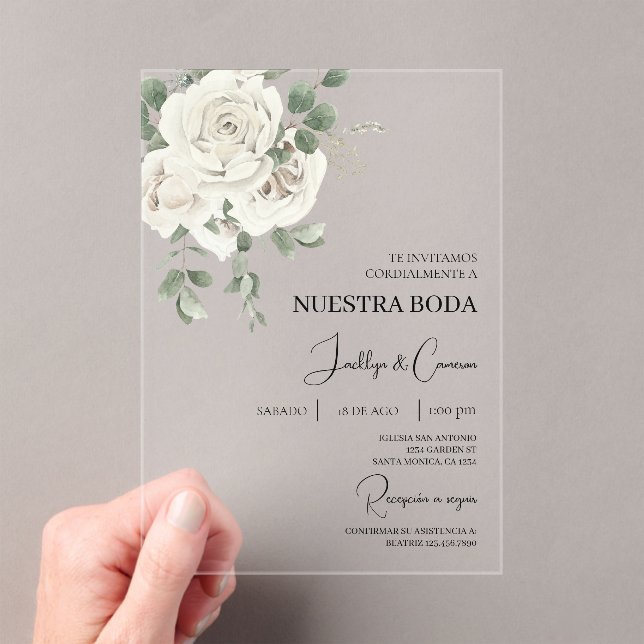 Invitación a la boda española acrílica floral blan (Insitu (portátil))