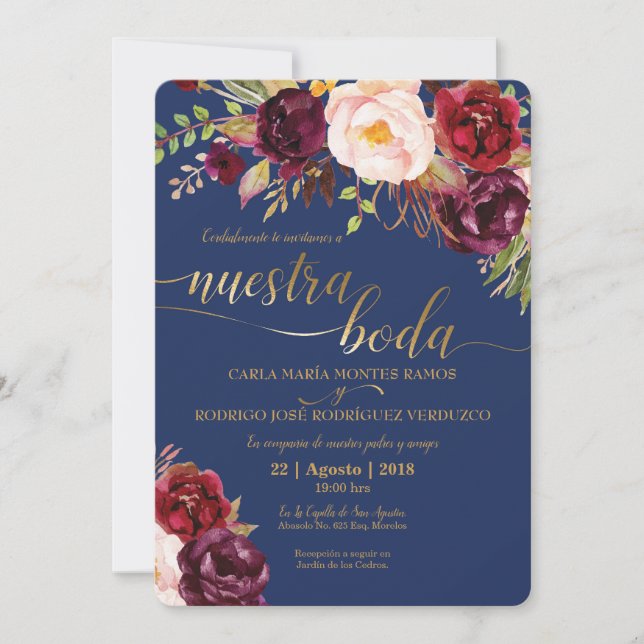 Invitación a la Boda Española Burgundy Faux Gold (Anverso)