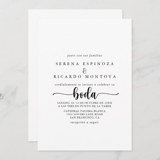 Invitación a la boda española con caligrafía minim (Anverso / Reverso)