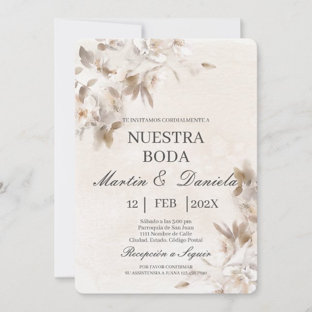 Invitación a la boda española con el beige de la f (Anverso)