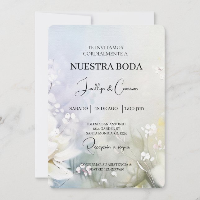 Invitación a la boda española con flor blanca (Anverso)
