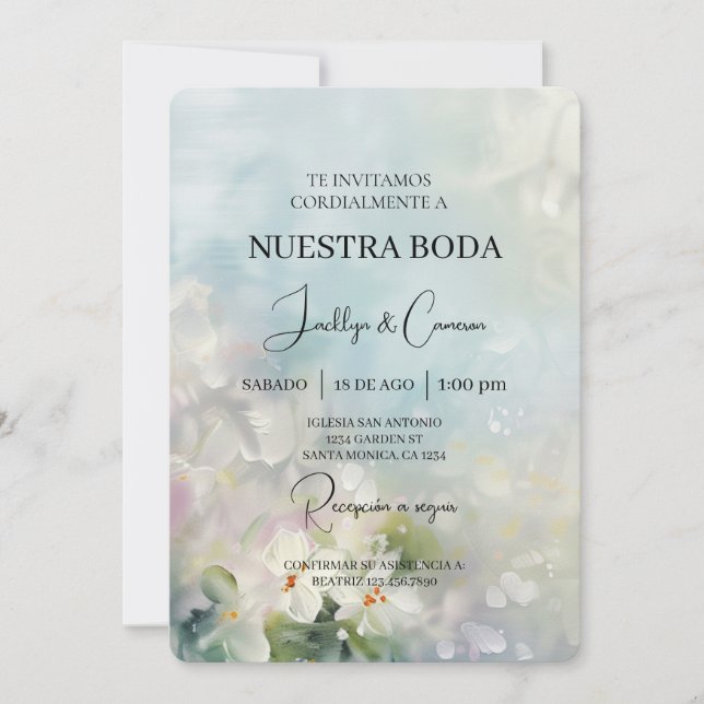 Invitación a la boda española con flor blanca (Anverso)