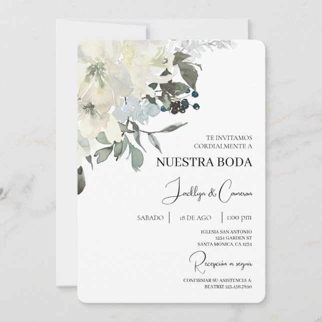 Invitación a la boda española con flor blanca (Anverso)