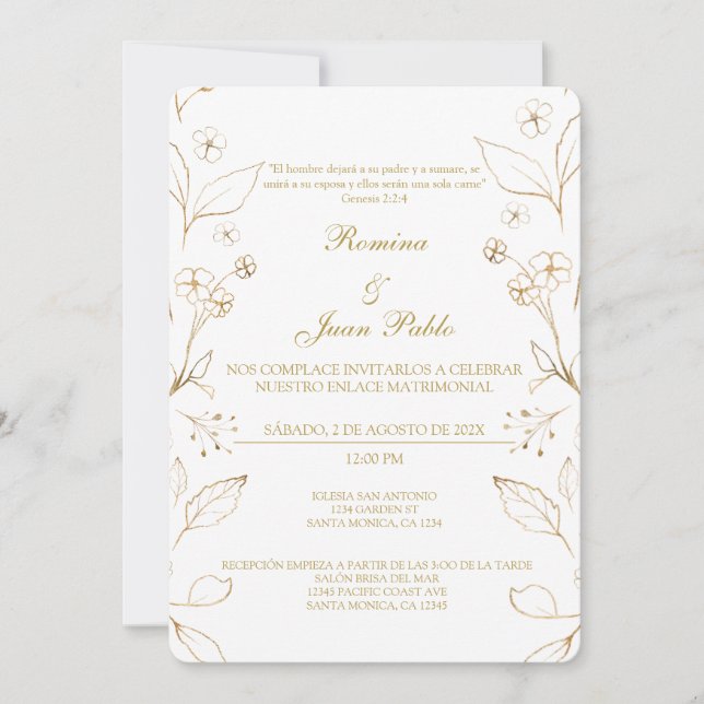 Invitación a la Boda Española con Floral de Oro (Anverso)