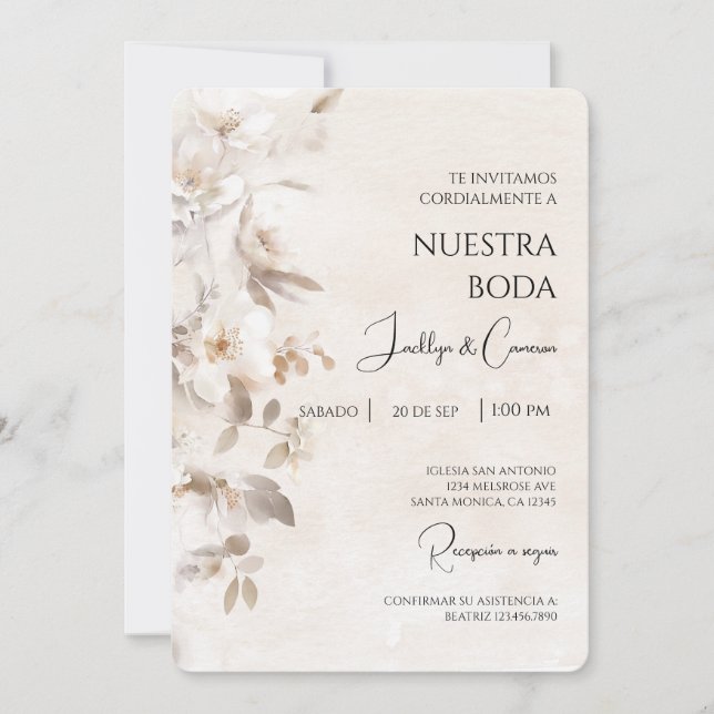 Invitación a la boda española con flores blancas (Anverso)