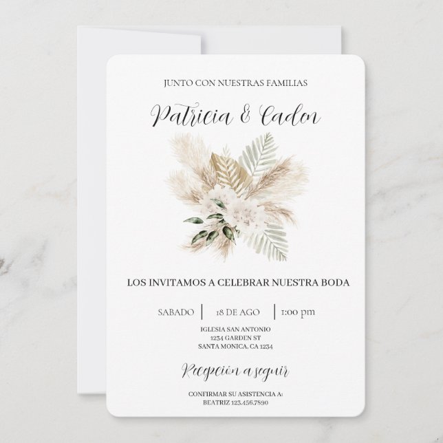 Invitación a la boda española con flores de Boho B (Anverso)