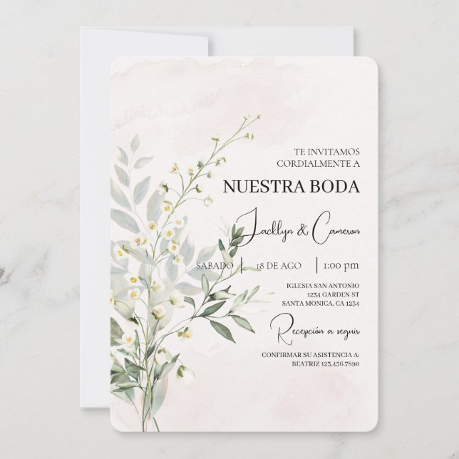 Invitación a la Boda Española con Flores Verdes (Anverso)