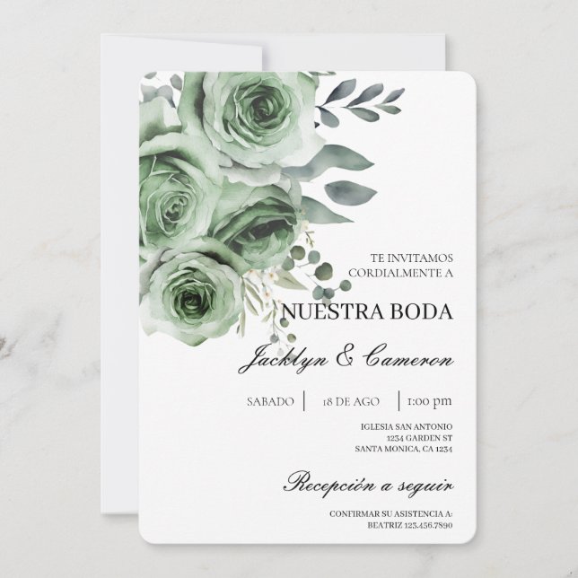 Invitación a la Boda Española con Flores Verdes (Anverso)