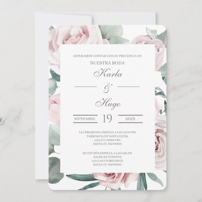 Invitación a la boda española con flores y vegetac (Anverso)