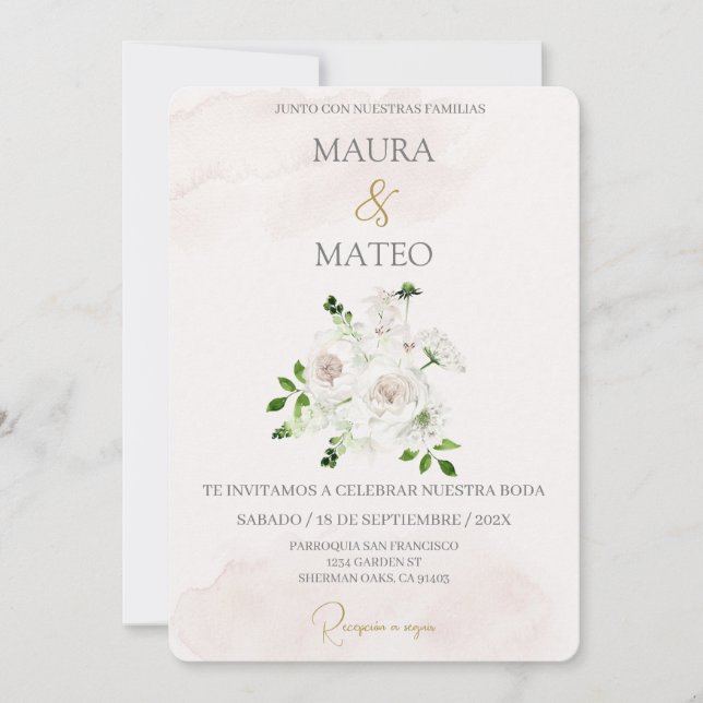 Invitación a la boda española con la flor blanca B (Anverso)