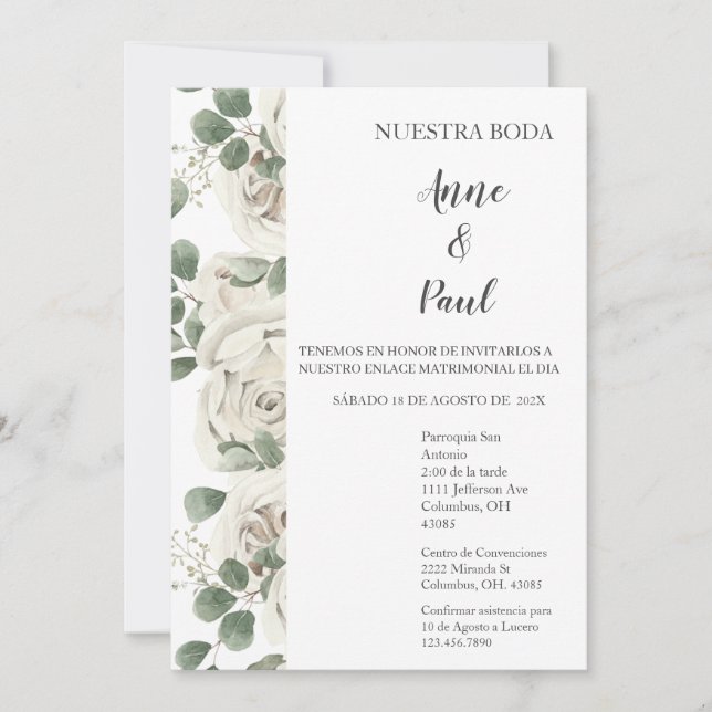 Invitación a la boda española con las flores blanc (Anverso)