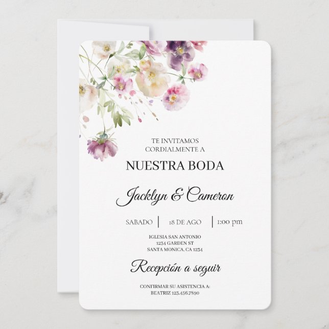 Invitación a la boda española con morado floral (Anverso)