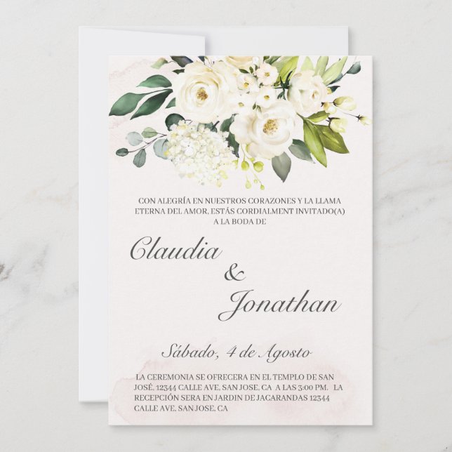 Invitación a la boda española con ramo blanco (Anverso)