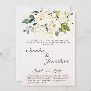 Invitación a la boda española con ramo blanco