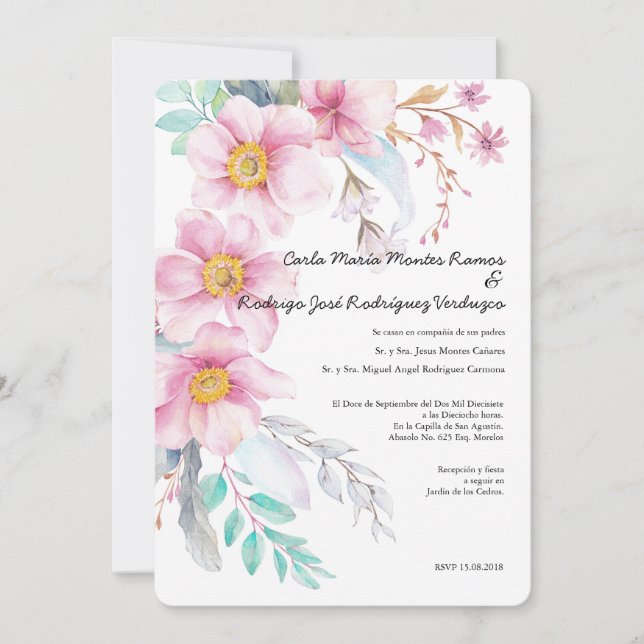 Invitación a la boda española de flor Rubor (Anverso)