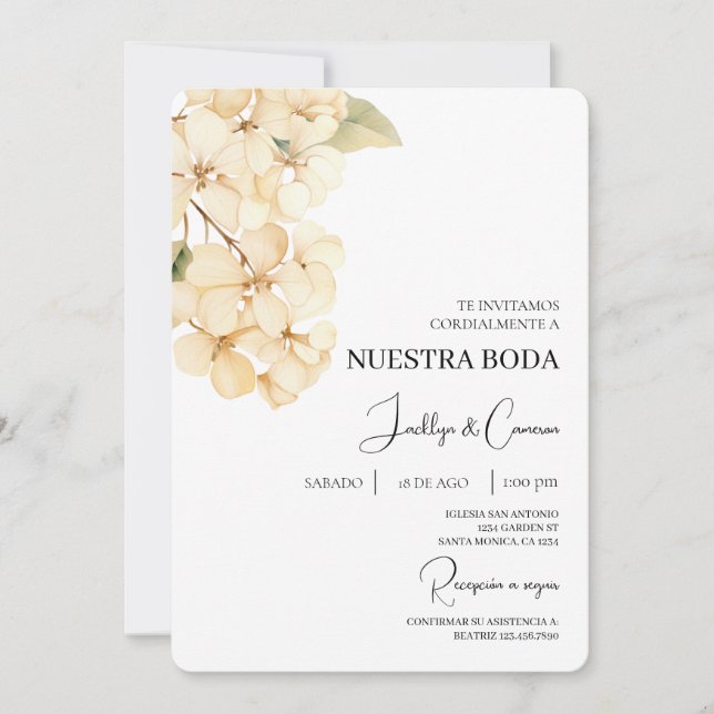Invitación a la boda española de Hydrangea Blanca (Anverso)