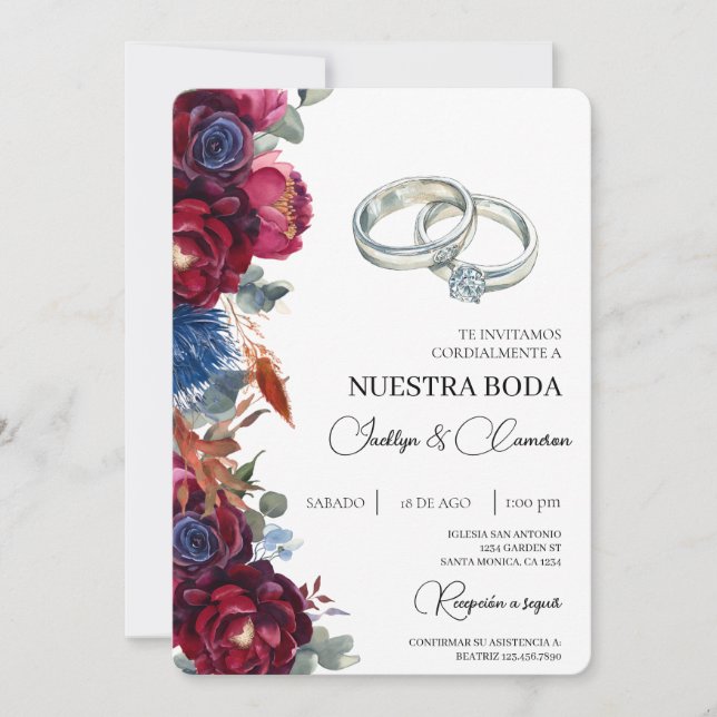 Invitación a la Boda Española de Jewel Floral (Anverso)