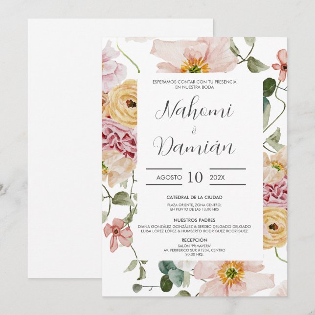 Invitación a la Boda Española de Primavera Floral (Anverso / Reverso)