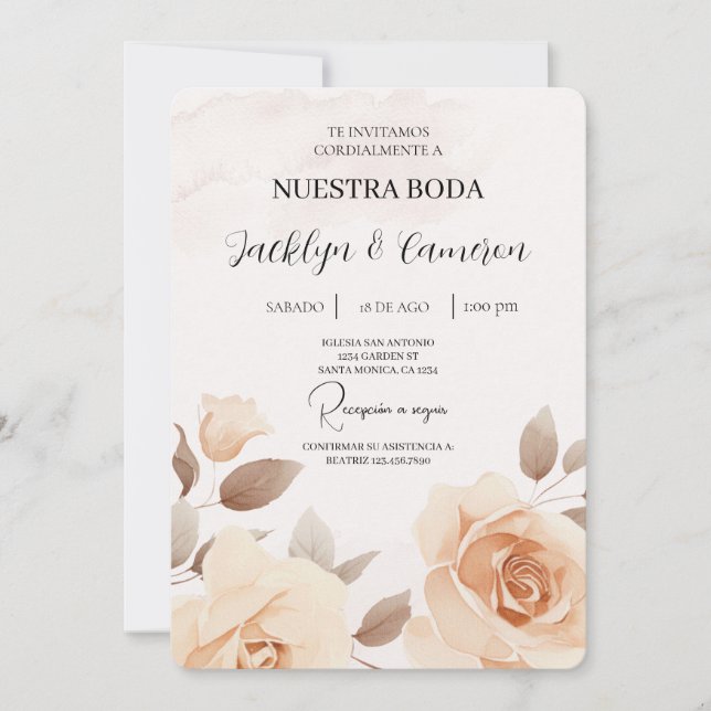 Invitación a la boda española de rosa de Peach (Anverso)